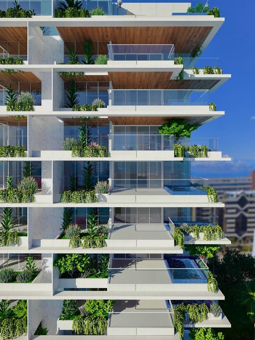 Detalhe das varandas e vegetação do Residencial Jardins Maria Luiza